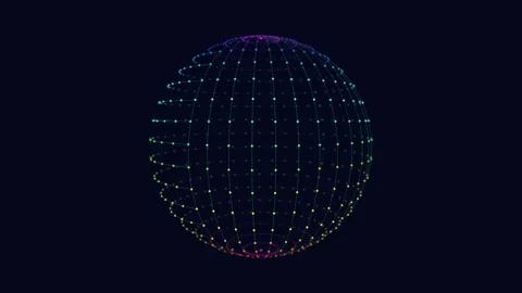 Futuristic geometric sphere with neon glitters on black gradient Stock Footage 240287372