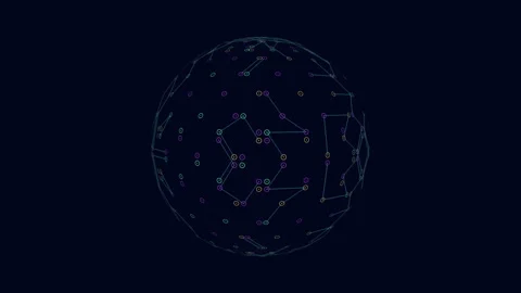 Futuristic geometric sphere with neon rings on black gradient Stock Footage 240286880