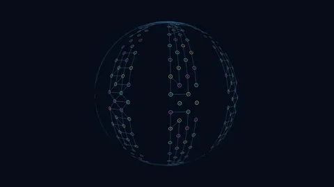 Futuristic geometric sphere with neon rings on black gradient Stock Footage 240286920