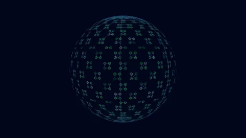Futuristic geometric sphere with neon rings on black gradient Stock Footage 240287385
