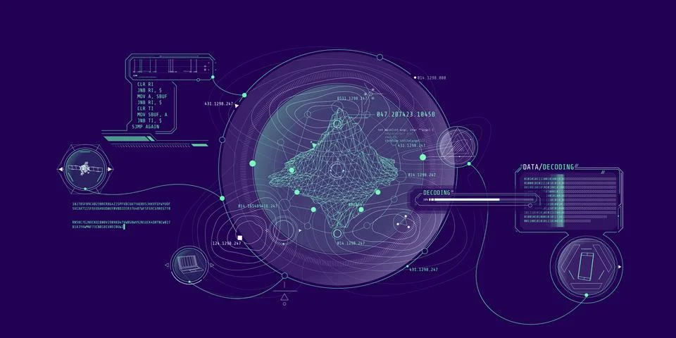 Futuristic geoscience HUD interface design with data decoding. Stock Illustration