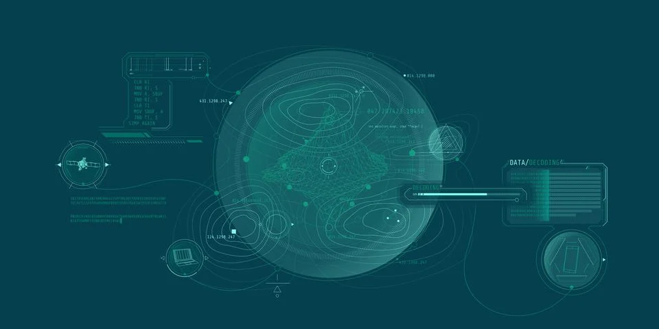 Futuristic geoscience HUD interface design with data decoding. Illustration