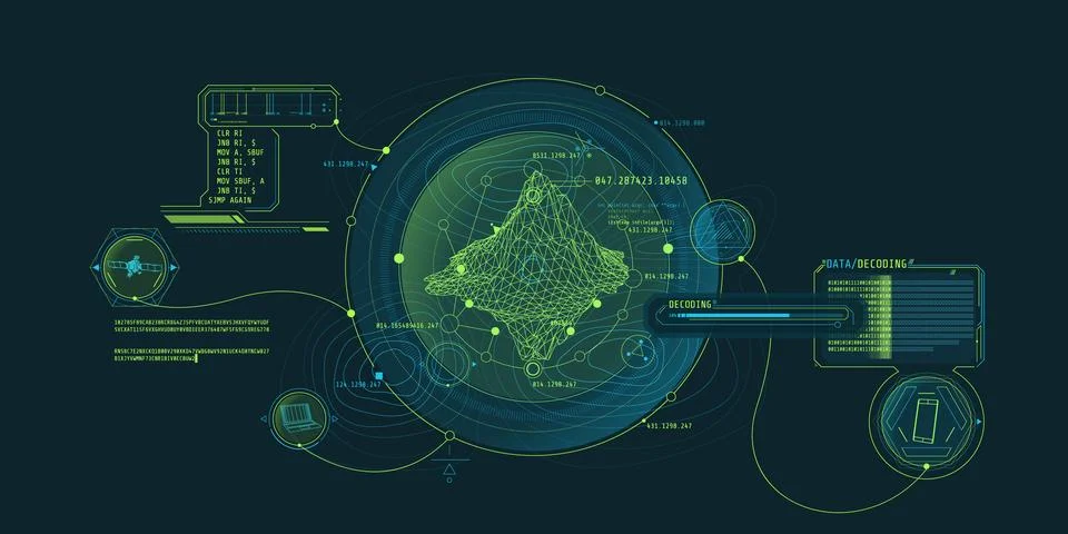Futuristic geoscience HUD interface design with data decoding. Stock Illustration