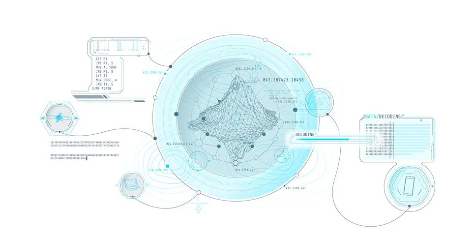 Futuristic geoscience HUD interface design with data decoding. Stock Illustration