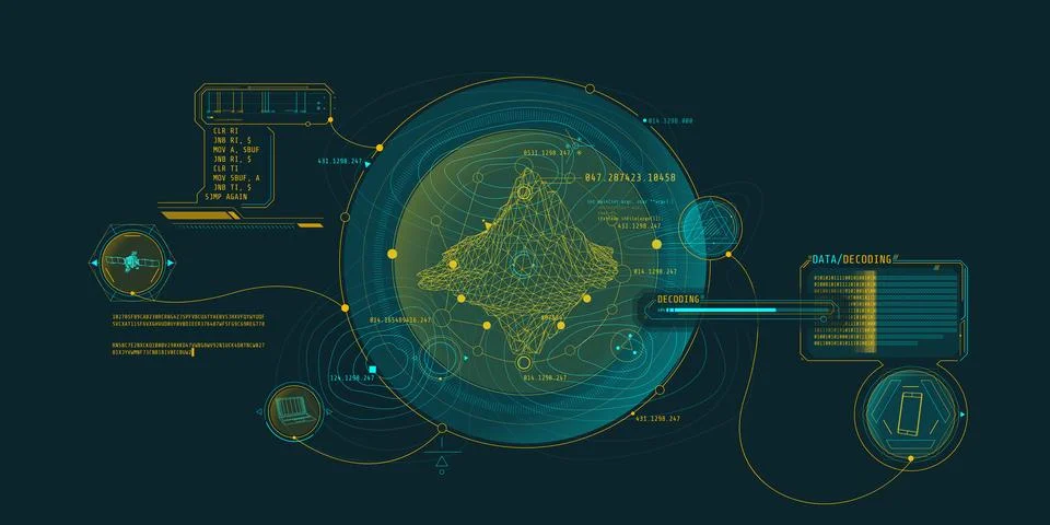 Futuristic geoscience HUD interface design with data decoding. Illustration