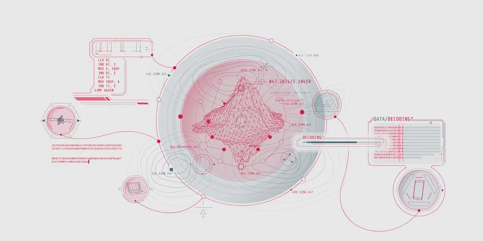 Futuristic geoscience HUD interface design with data decoding. Illustrazione stock