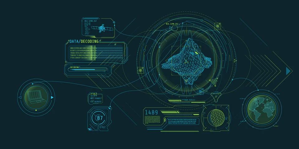 Futuristic geoscience software screen design with data decoding. Illustrazione stock