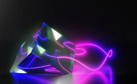 Futuristic glass cube in neon light 3d render. Clear square box with glow wave Stock Illustration
