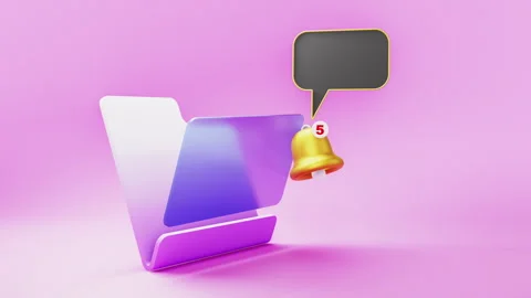 Futuristic glass folder icon with new messages bell on pink background. Vídeo Stock 280491224
