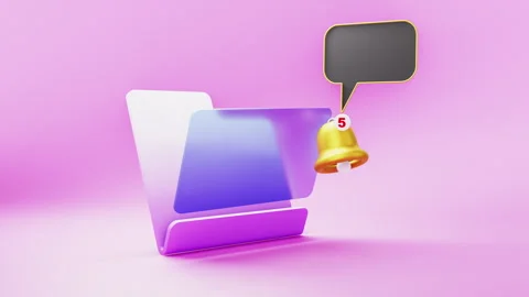 Futuristic glass folder icon with new messages bell on pink background. 스톡 동영상 280695578