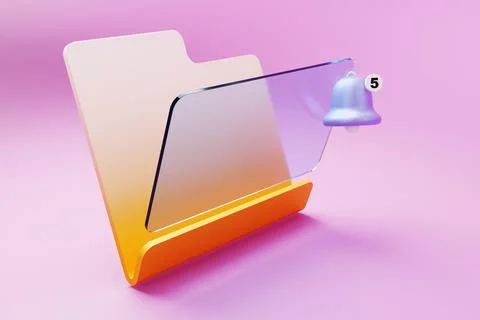 Futuristic glass folder icon with new messages bell on pink background. 3d re Stock Illustration