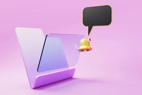 Futuristic glass folder icon with new messages bell on pink background. 3d re Illustrazione stock