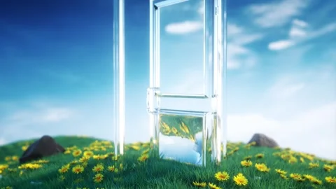 Futuristic Glass Structure and Transparent Door on Grassy Hill with Yellow  Stock Footage 300564634