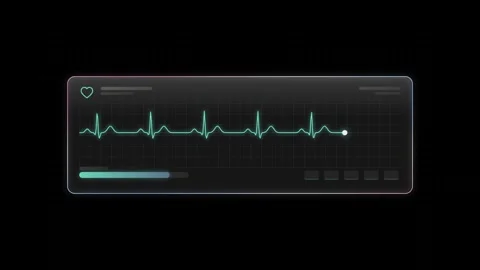 Futuristic Glass UI ECG Trace with Smooth Mint Pulse Azure and Rose Rim featurin Stock Footage 341329322