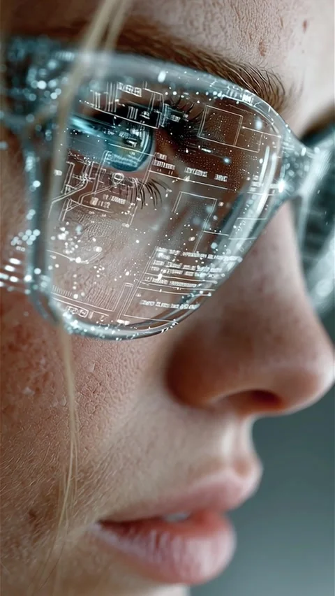 Futuristic Glasses Reflecting Financial Data and Analytics Stock Footage 312781040