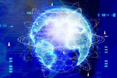Futuristic global digital network concept with glowing blue holographic earth Stock Illustration