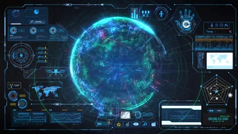 Futuristic Global HUD Frame Loop Animation for Digital World Interface Overl Stock Footage 332967572