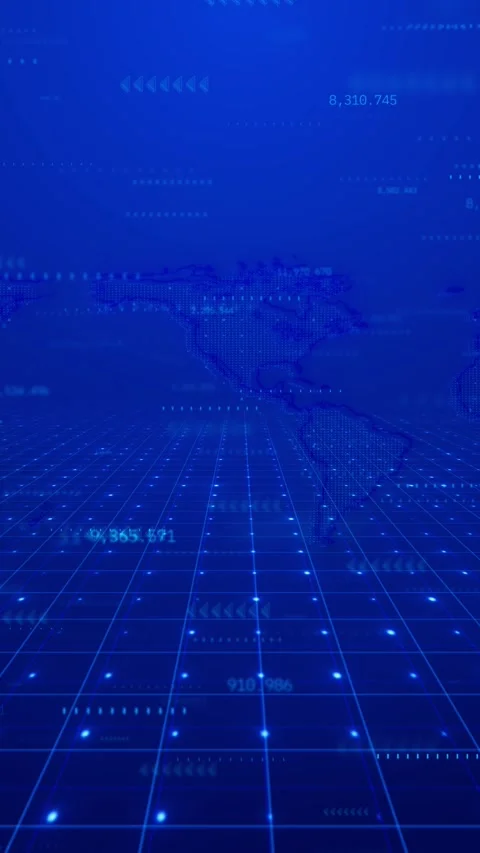 Futuristic global interface world map, numerical values, markers, luminous floor Stock Footage 340553757