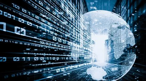 Futuristic global network and tacit digital data transfer 3D graphic 스톡 일러스트