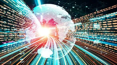 Futuristic global network and tacit digital data transfer 3D graphic 스톡 일러스트