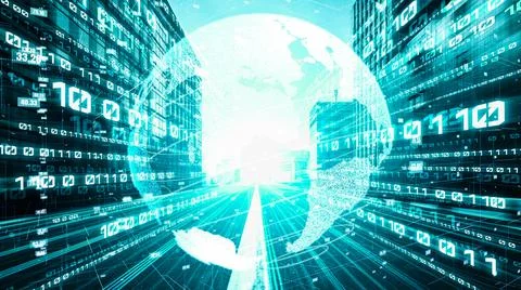 Futuristic global network and tacit digital data transfer 3D graphic Stock Illustration