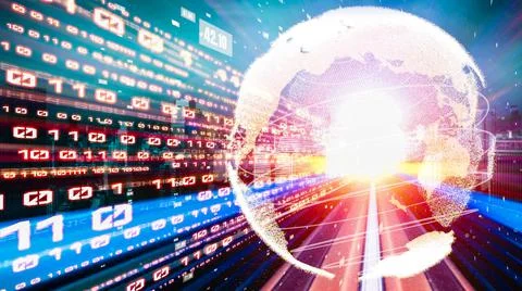 Futuristic global network and tacit digital data transfer 3D graphic 스톡 일러스트