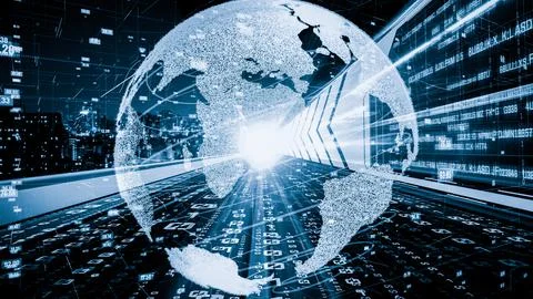 Futuristic global network and tacit digital data transfer 3D graphic Stock Illustration
