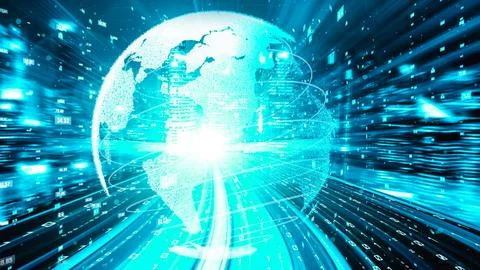 Futuristic global network and tacit digital data transfer 3D graphic Stock Illustration