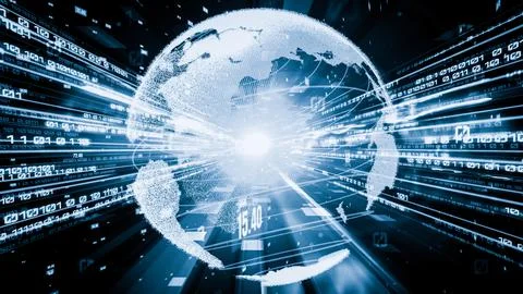 Futuristic global network and tacit digital data transfer 3D graphic Stockillustratie