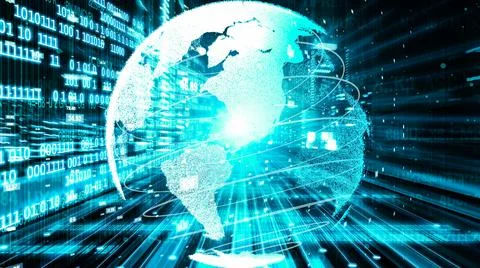 Futuristic global network and tacit digital data transfer 3D graphic Stockfoto's