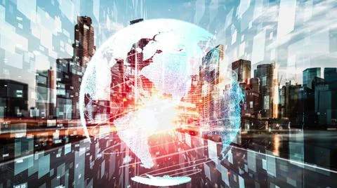 Futuristic global network and tacit digital data transfer 3D graphic Stock Photos