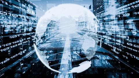 Futuristic global network and tacit digital data transfer 3D graphic Stockfoto's