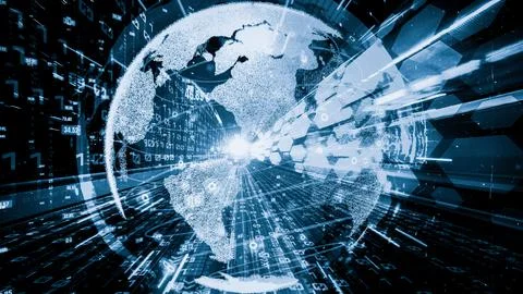 Futuristic global network and tacit digital data transfer 3D graphic Stockfoto's