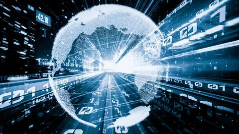 Futuristic global network and tacit digital data transfer 3D graphic 库存照片
