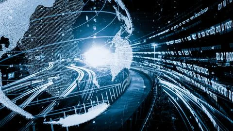 Futuristic global network and tacit digital data transfer 3D graphic Foto stock