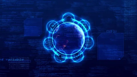 Futuristic globe code interface visual blue HUD rings, security icons, glowing p Stock Footage 340479445