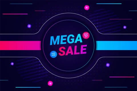 Futuristic Glow in The Dark Style Mega Sale Banner Concept Purple Background Stock Illustration