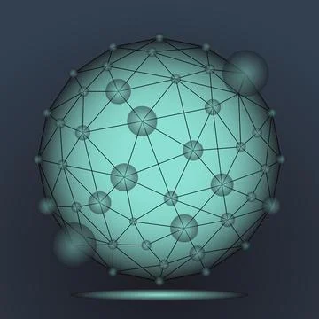 Futuristic glowing 3D network grid sphere with connected nodes. Stock Illustration