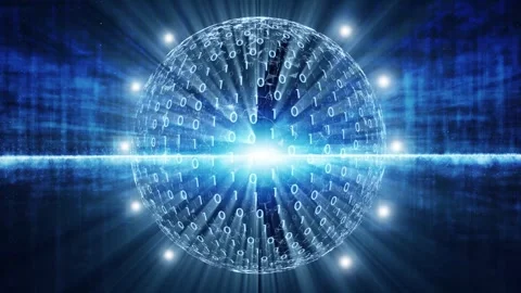 Futuristic glowing 3d sphere with binary numbers and lights loop motion Stock Footage 341897950