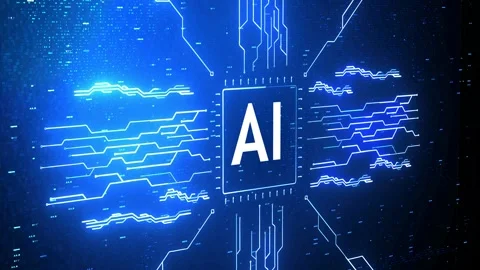 Futuristic glowing AI microchip animation with electric blue circuit lines. Stock Footage 313276077