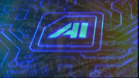 Futuristic Glowing AI Microchip on Digital Circuit Board With Binary Data Code 動画素材 336011406