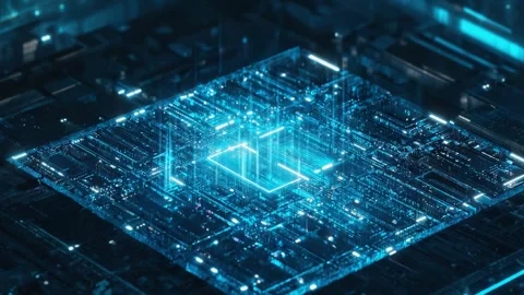 Futuristic glowing blue circuit board microchip processor data flow technol.. Stock Footage 321340565