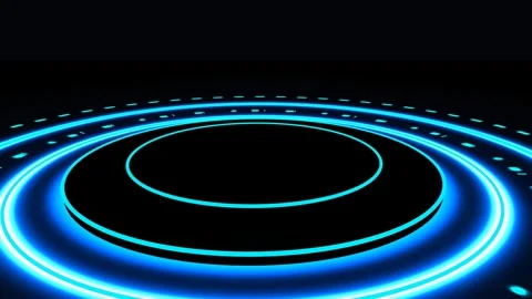 Futuristic glowing blue concentric rings rotating on dark background. 4K Vídeos de archivo 345111220