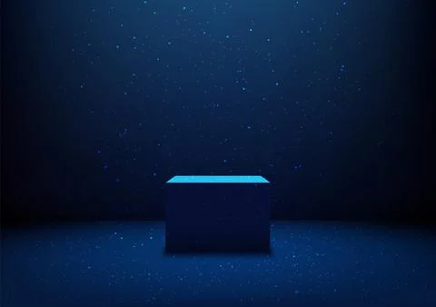 Futuristic Glowing Blue Cube Platform in a Dark Dramatic Scene with Floatin.. Stock Illustration