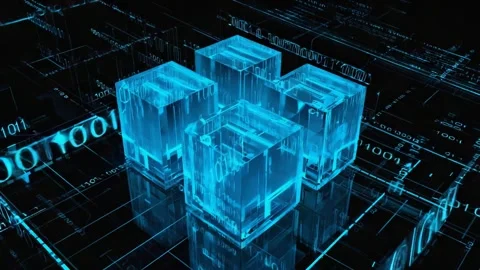 Futuristic glowing blue digital cubes data stream binary code network grid .. Stock Footage 321340459