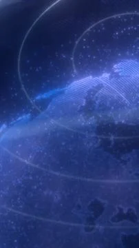 Futuristic glowing blue digital map of Earth with luminous orbit lines and .. Stock Illustration