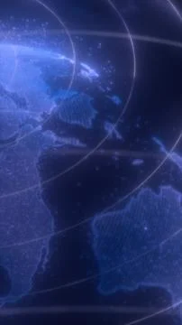 Futuristic glowing blue digital map of Earth with luminous orbit lines and pa Stock Illustration