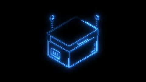 Futuristic glowing blue neon icon of a data server or storage unit with sub.. Stock Footage 314703534