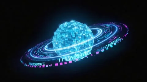 Futuristic glowing blue planet with digital rings and data streams orbiting.. Stock Footage 321340512