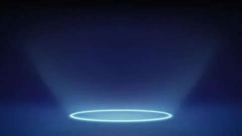 Futuristic glowing blue stage, studio. Empty room, circular blue neon lighting Illustrazione stock